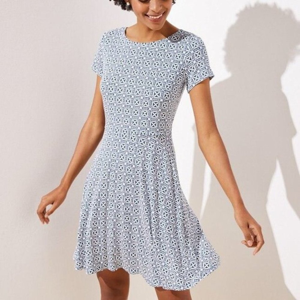LOFT Blue and White Geometric Fit-and-Flare Dress